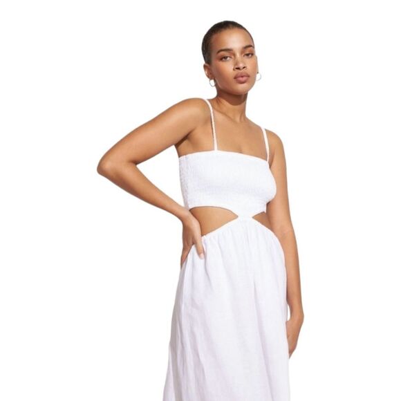 Faithfull the Brand Linen Smocked‎ Tayari Midi Beachy Dress Women's 8 White NWT - Picture 4 of 16